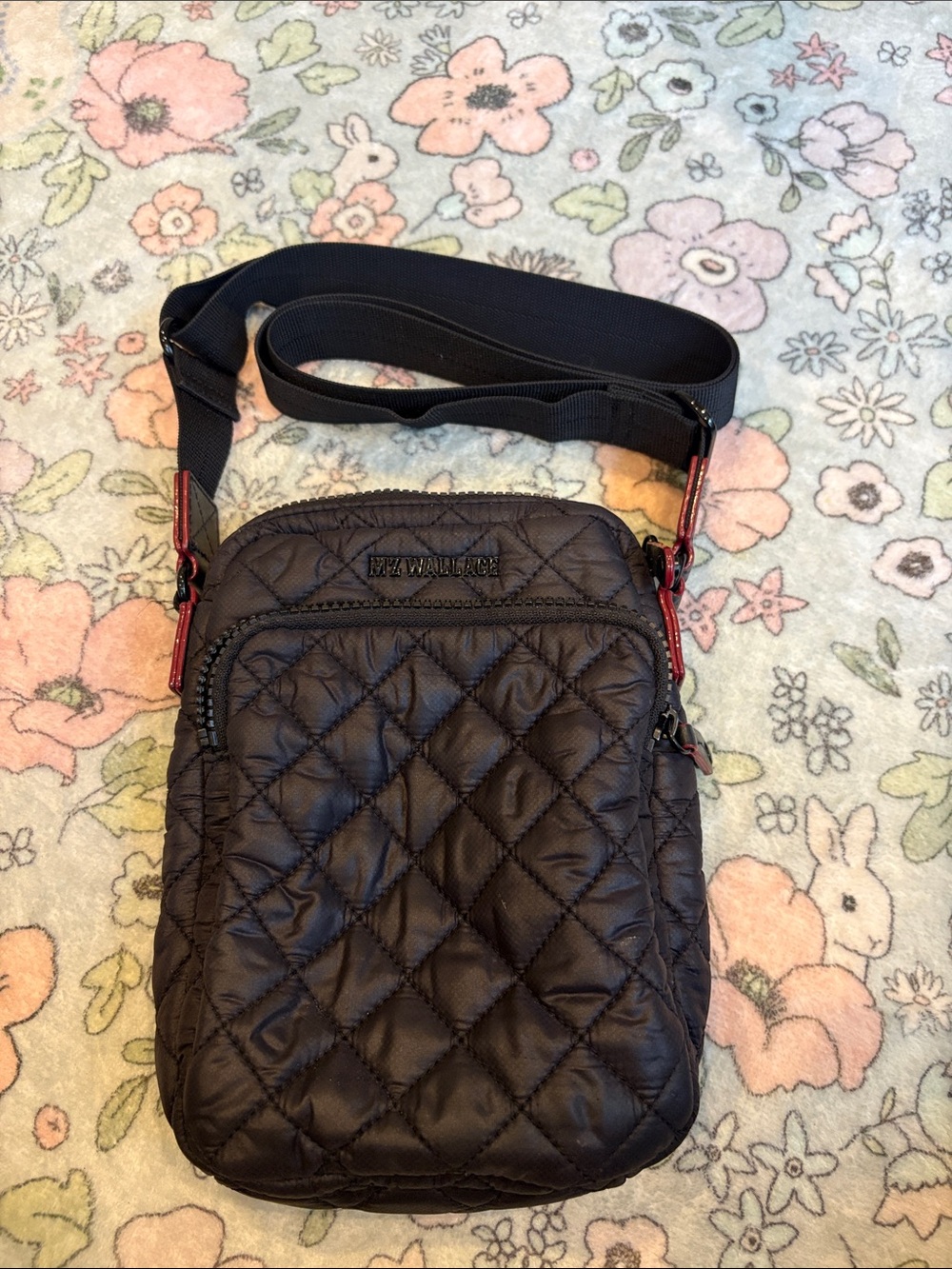 MZWALLACE Quilted Dark Brown Crossbody Bag with Red Accents